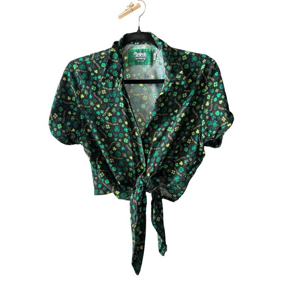 "lucky b*tch" tie front top | green clover print st patricks day button up